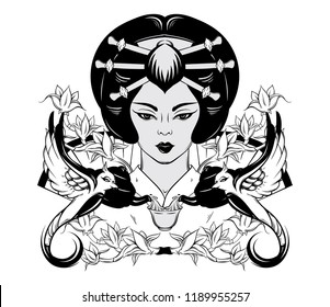 Vector hand drawn illustration of geisha with birgs, teapot and flowers. Tattoo artwork. Template for card, poster, banner, print for t-shirt, pin, badge, patch.