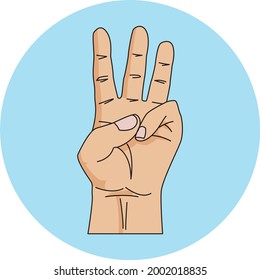 Vector hand drawn illustration of a hand gesture. Fingers three.
