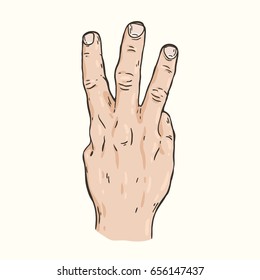 Vector hand drawn illustration of the hand gesture. Three fingers, the back of the hand