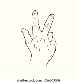Vector hand drawn illustration of the hand gesture. Three fingers, the back of the hand