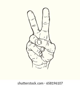 Vector hand drawn illustration of the hand gesture. Two fingers