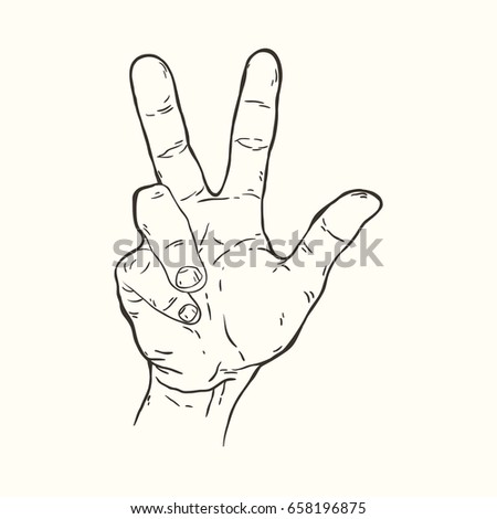 Vector hand drawn illustration of the hand gesture. Three fingers