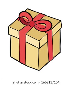 Vector hand drawn illustration of gift box. Black outlines and colored.
