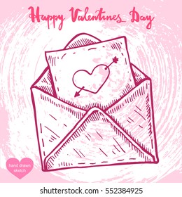 Vector hand drawn illustration of gift envelope,text Happy Valentines Day on background with abstract paper texture,retro frame.Valentines envelope with heart sketch.Linear art in vintage style.
