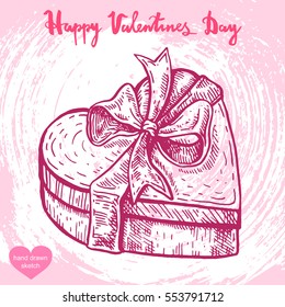 Vector hand drawn illustration of gift box with bow,text Happy Valentines Day on background with abstract paper texture,retro frame. Linear art in vintage style for design
