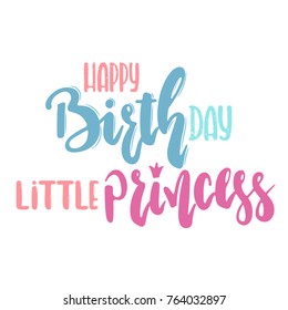 Vector hand drawn illustration. Gift card on the Happy birthday little princess.