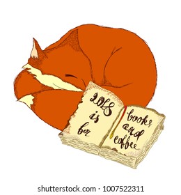 Vector hand drawn illustration with a ginger small sleeping fox and a book beside it with a positive inscription dedicated to the current year. Image for different purposes.