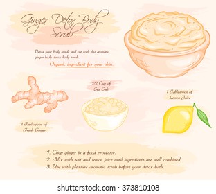 vector hand drawn illustration of ginger detox salt scrub recipe.