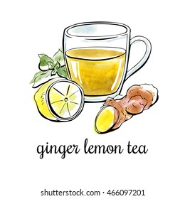 Vector hand drawn illustration with ginger lemon tea. Black outline and bright watercolor stains on the background. Isolated on white.