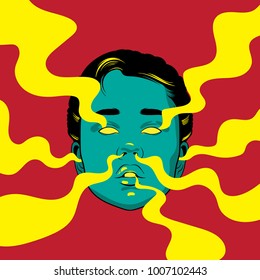 Vector hand drawn illustration of girl with smoke from ears, eyes, nose, mouth. Template for card, poster, banner, print for t-shirt.