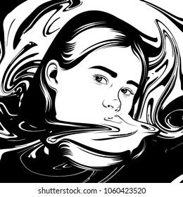 Vector hand drawn illustration of girl in surrealistic style. Tattoo artwork. Template for card, poster, banner, print for t-shirt, pin, badge and patch. 