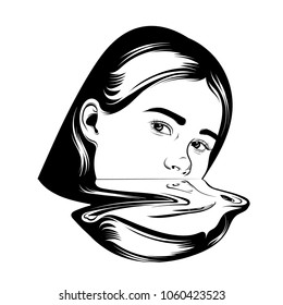 Vector hand drawn illustration of girl in surrealistic style. Tattoo artwork. Template for card, poster, banner, print for t-shirt, pin, badge and patch. 