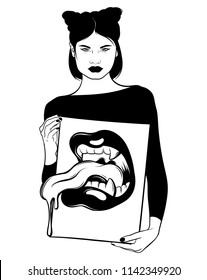 Vector hand drawn illustration of girl holding placard with mouth . Creative tattoo artwork . Template for card, poster. banner, print for t-shirt, pin, badge, patch.