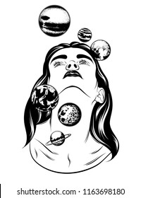 Vector hand drawn illustration of girl with planets isolated. Creative tattoo artwork. Template for card, poster. banner, print for t-shirt, pin, badge, patch.