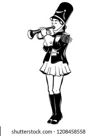 Vector hand drawn illustration of girl with trumpet isolated . Creative tattoo artwork. Template for card, poster, banner, print for t-shirt, pin, badge, patch.
