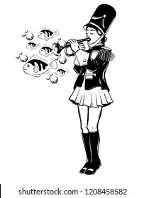 Vector hand drawn illustration of girl with trumpet and fishes isolated . Creative tattoo artwork. Template for card, poster, banner, print for t-shirt, pin, badge, patch.