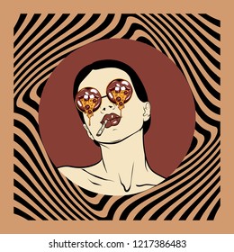 Vector hand drawn illustration of girl in sunglasses with mouths with slice of pizza. Template for card, poster, banner, print for t-shirt, pin, badge, patch.