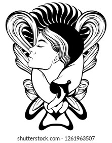 Vector hand drawn illustration of girl with swan in frame isolated. Creative tattoo artwork. Template for card, poster, banner, print for t-shirt, pin, badge, patch.