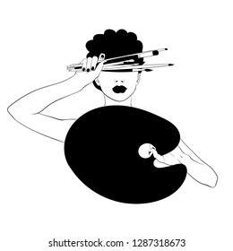 Vector hand drawn illustration of girl with brushes and palette isolated. Creative tattoo artwork. Template for card, poster. banner, print for t-shirt, pin, badge, patch.