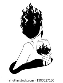 Vector hand drawn illustration of girl with burning head isolated. Surrealistic tattoo artwork. Template for card, poster. banner, print for t-shirt, pin, badge, patch.