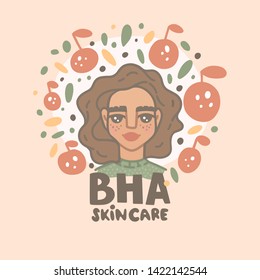 Vector hand drawn illustration. Girl and the inscription. BHA skin care lettering. Dermatology and cosmetology, BHA products, exfoliating acid in skincare routine. Clean healthy skin, peeling.