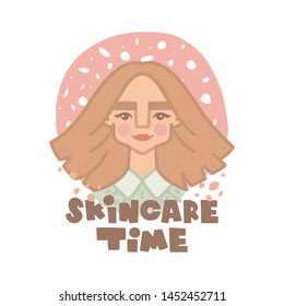 Vector hand drawn illustration. Girl and the inscription. Skincare time lettering. Dermatology and cosmetology, skin care routine, cream, cosmetics. Clean healthy skin, beauty. Icon in flat style.