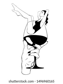 Vector Hand Drawn Illustration Of Girl In Swimsuit In Glass Of Wine Isolated. Surreal Tattoo Artwork. Template For Card, Poster. Banner, Print For T-shirt, Pin, Badge, Patch.