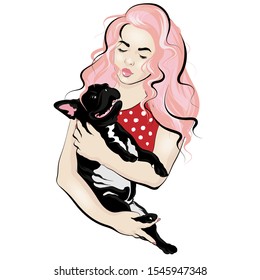 Vector hand drawn illustration of girl with pink hair with bulldog isolated. Creative  artwork. Template for card, poster, banner, print for t-shirt, pin, badge, patch.