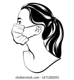 Vector  hand drawn  illustration of girl in face mask made in sketch  style .  Realistic artwork. Template for card, poster, banner, print for t-shirt, pin, badge, patch.