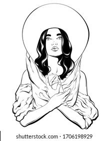 Vector hand drawn illustration of girl in hat and vintage costume.  Creative tattoo artwork. Template for card, poster, banner, print for t-shirt, pin, badge, patch, coloring books.