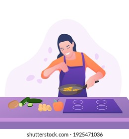 Vector hand drawn illustration. A girl in an apron is cooking.
