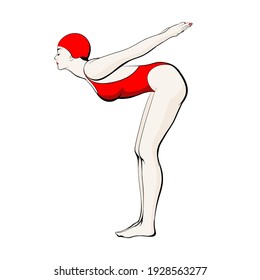 Vector Hand Drawn   Illustration Of Girl In Red Swim Cap And Swimsuit Isolated. Creative Realistic Artwork.  Template For Card, Poster, Banner, Print For T-shirt, Pin, Badge, Patch.