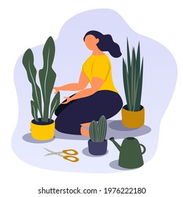 vector hand drawn illustration - a girl plants home plants, near scissors and a watering can. trendy flat illustration for websites. plant care, gardening. magazines and applications