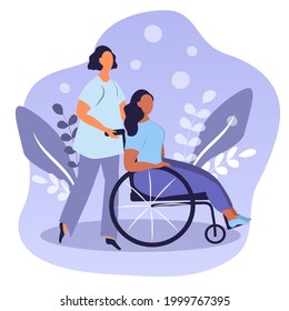 vector hand drawn illustration - a girl who uses a wheelchair. behind there is a woman who helps her. trend illustration in flat style