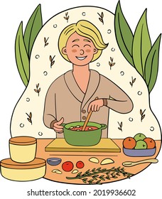 Vector hand drawn illustration. A girl in an apron is cooking. Pan on the stove with soup. Kitchen utensils, bowl, fresh vegetables. Homemade food, dinner, cozy atmosphere.