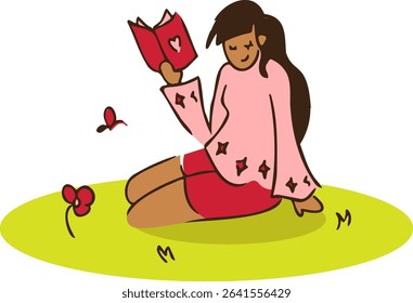 Vector Hand Drawn Illustration of a Girl Reading On The Park