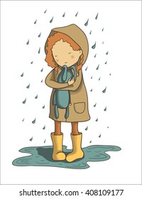 Vector hand drawn illustration. Girl who covers her favorite toy hare from rain