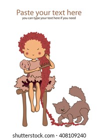Vector hand drawn illustration. Girl combing her hair and cat playing with her hair