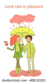 Vector hand drawn illustration. Girl and boy walking under the rain of hearts