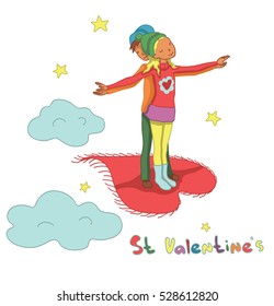 Vector hand drawn illustration. Girl and boy flying on a heart-shaped carpet. St. Valentine's theme.