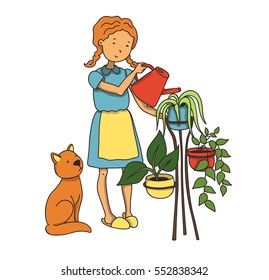 Vector hand drawn illustration. Girl watering flowers