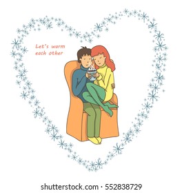 Vector hand drawn illustration. Girl and boy hugging in a chair with a cup of coffee. St. Valentine's card
