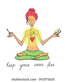 Vector hand drawn illustration. A girl lighting up her inner fire during meditation.