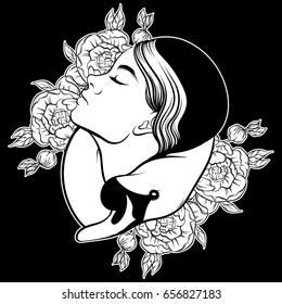 Vector hand drawn illustration  of  girl with swan and flowers . Surreal tattoo artwork . Template for card, poster, banner, print for t-shirt.