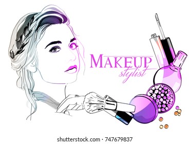 Vector hand drawn illustration of girl and a makeup brush. The concept of beauty labels, cosmetics, cosmetic procedures. Vector image