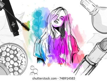Vector hand drawn illustration of girl with watercolor background. The concept of beauty labels, cosmetics, beauty treatments, make-up and makeup
