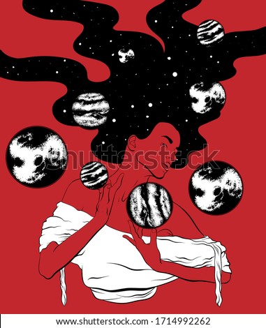 Vector hand drawn  illustration of girl with long hair and planets . Creative surrealistic artwork.  Template for card, poster, banner, print for t-shirt, pin, badge, patch.