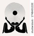 Vector hand drawn illustration of girls with ball and spiral isolated. Tattoo creative artwork. Template for card, poster, banner, print for t-shirt, pin, badge, patch.