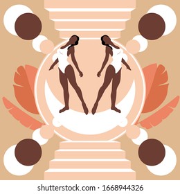 Vector  hand drawn illustration of girls in swimsuits on stairway isolated. Creative artwork.  Template for card, poster, banner, print for t-shirt, pin, badge, patch.