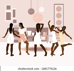 Vector  hand drawn illustration of girls in the room.  Creative artwork. Template for card, poster, banner, print for t-shirt, pin, badge, patch.